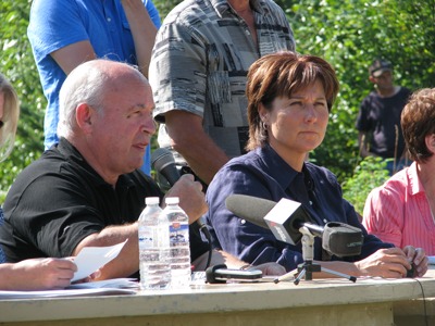 Minister of Energy and Mines Bill Bennett and Premier Christy Clark on August 7, 2014 respond to questions from the crowd gathered at the public information meeting in Likely, BC. Photo: Lisa Bland